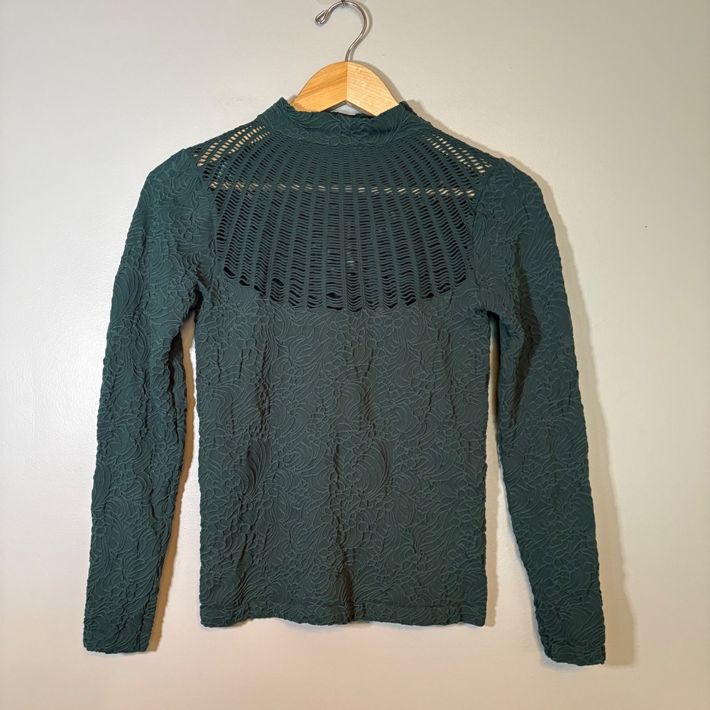 Ida Fashion Forest Green Floral Textured Mock Neck Lattice Yoke Top M/L H7088